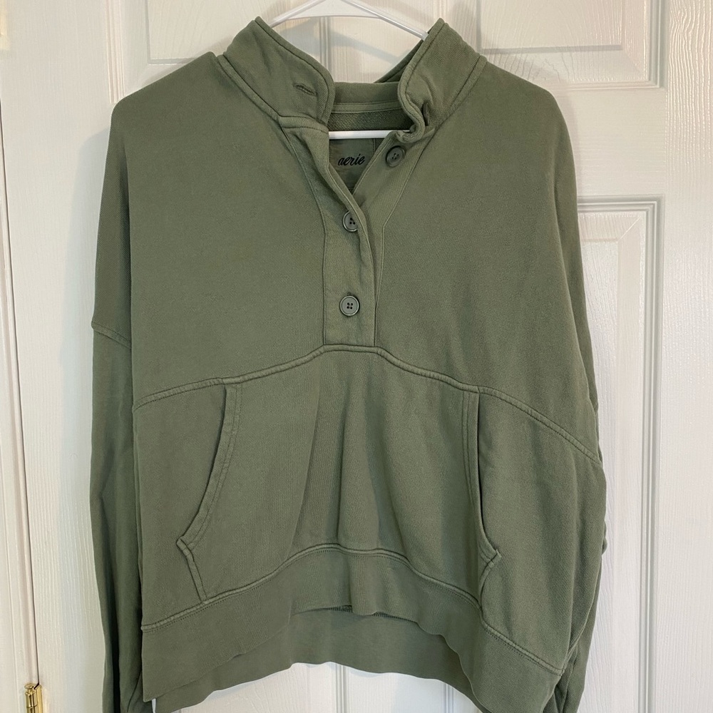 Aerie Oversized Henley Sweatshirt - Olive Green